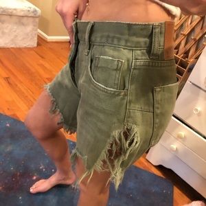 One Teaspoon Army Green Denim Cut Off Frayed Distressed Side Slit High Mid Waist